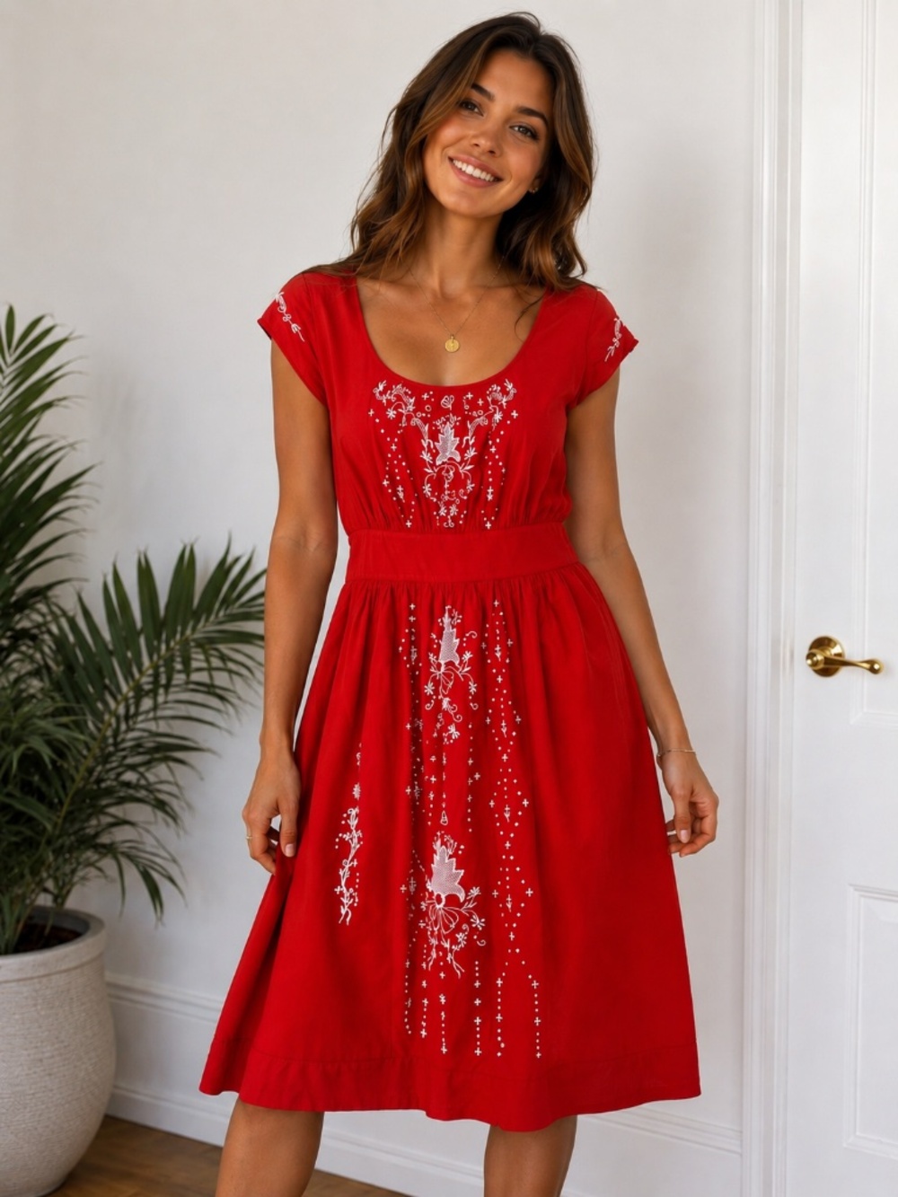 Anthropologie Leifsdottir Red Embroidered Cotton Dress Size 4 Boho Cottagecore